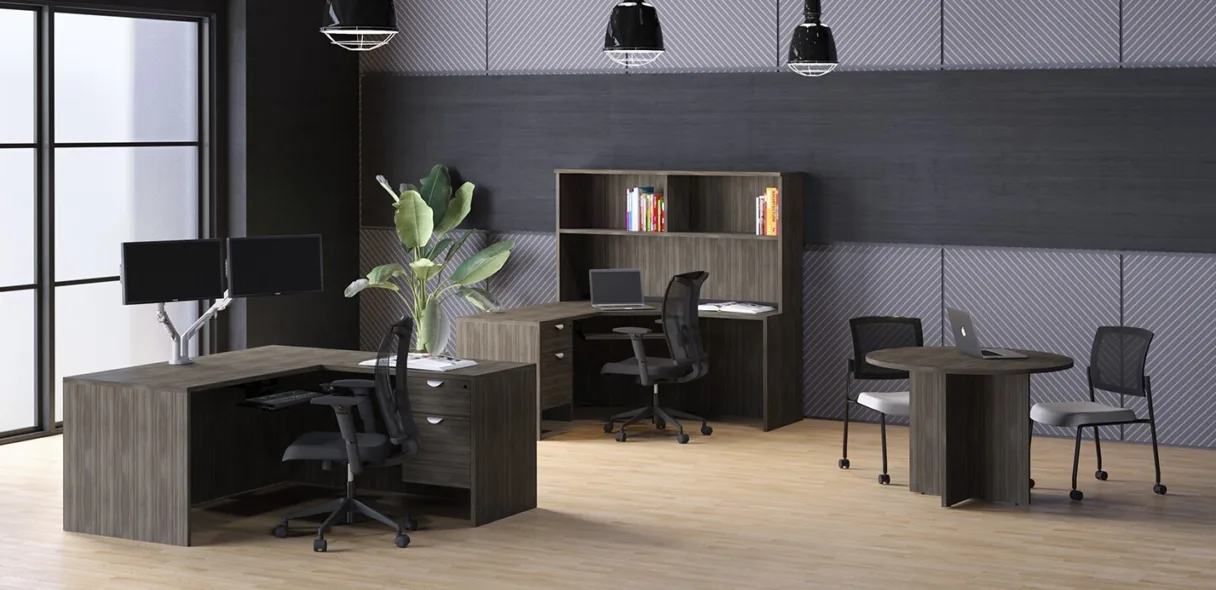 Open concept office filled with office furniture.